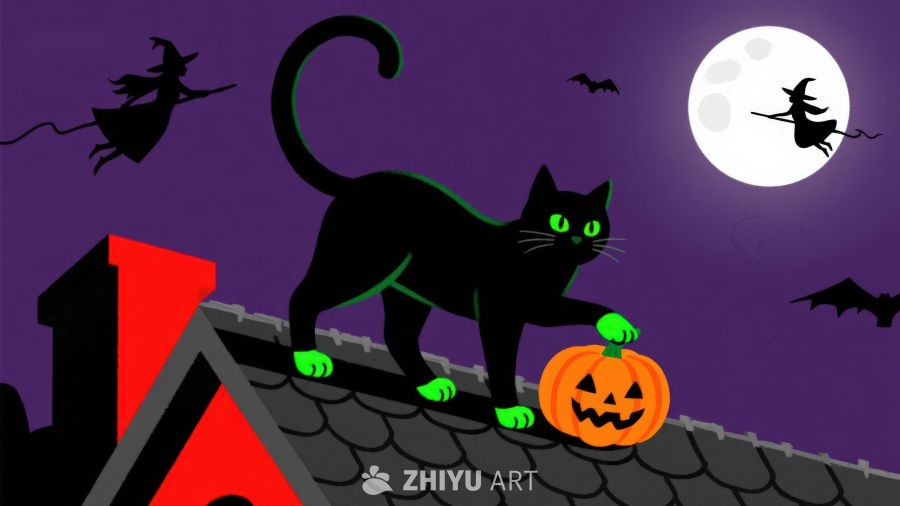 屋顶上的黑猫与南瓜灯