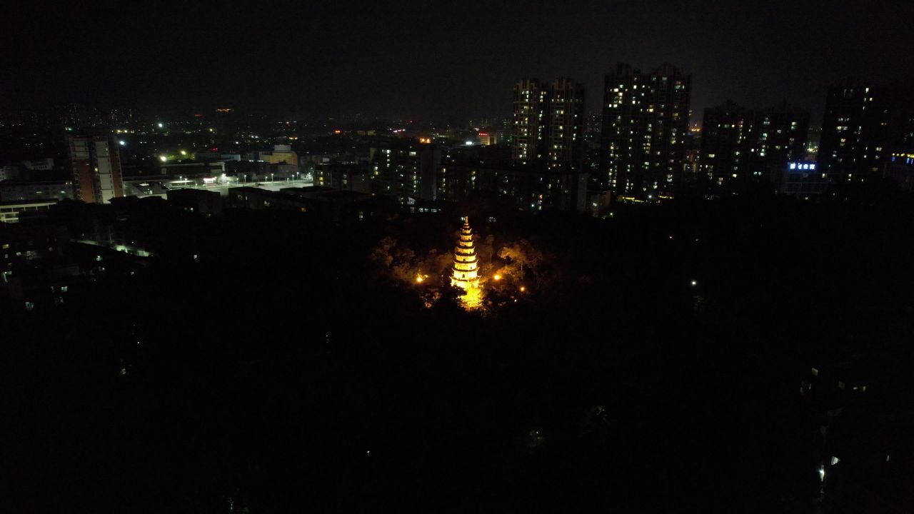 广东阳江北山石塔夜景灯光航拍