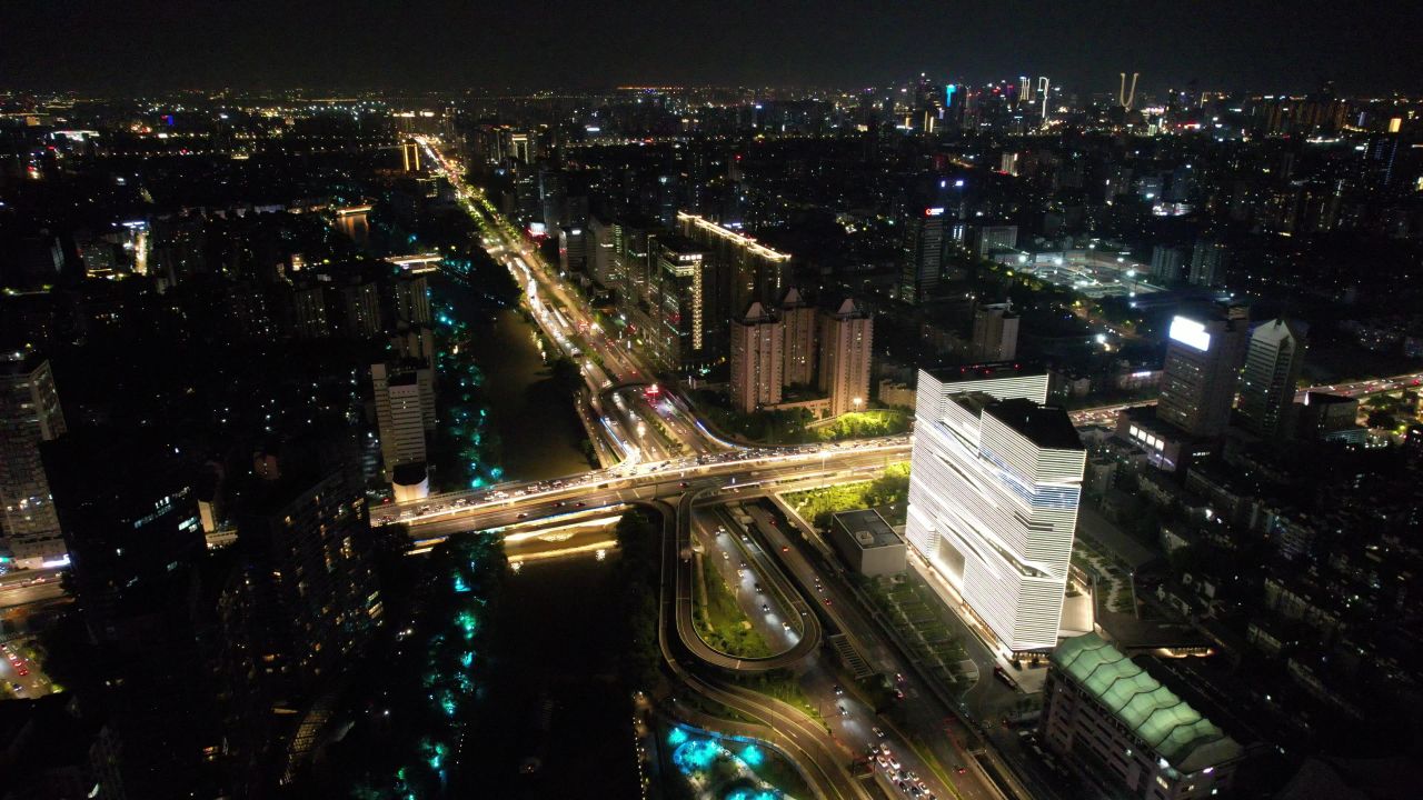 浙江杭州城市夜景交通航拍
