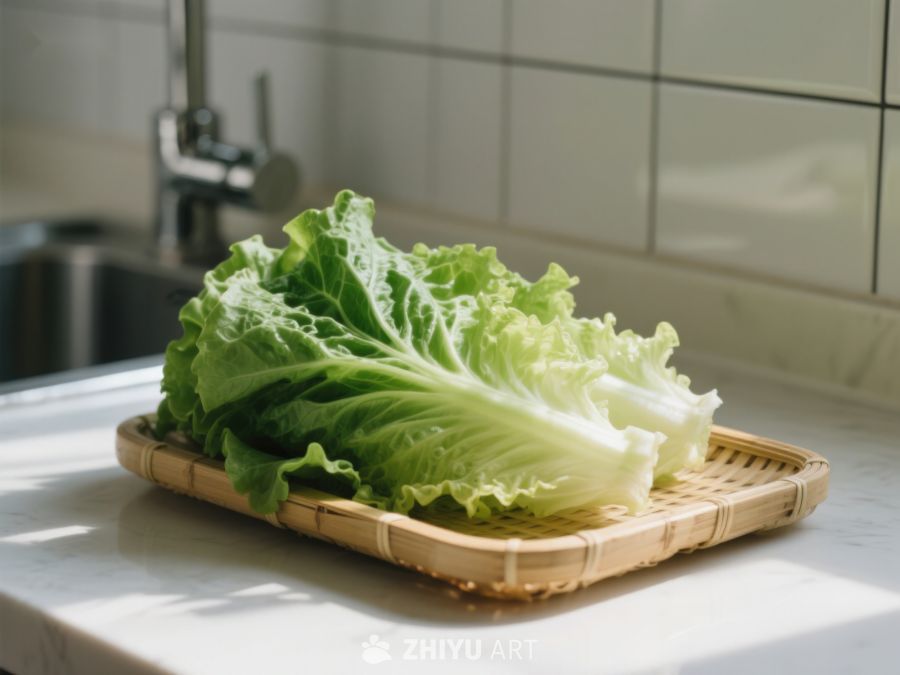 新鲜生菜置于竹制托盘上 527