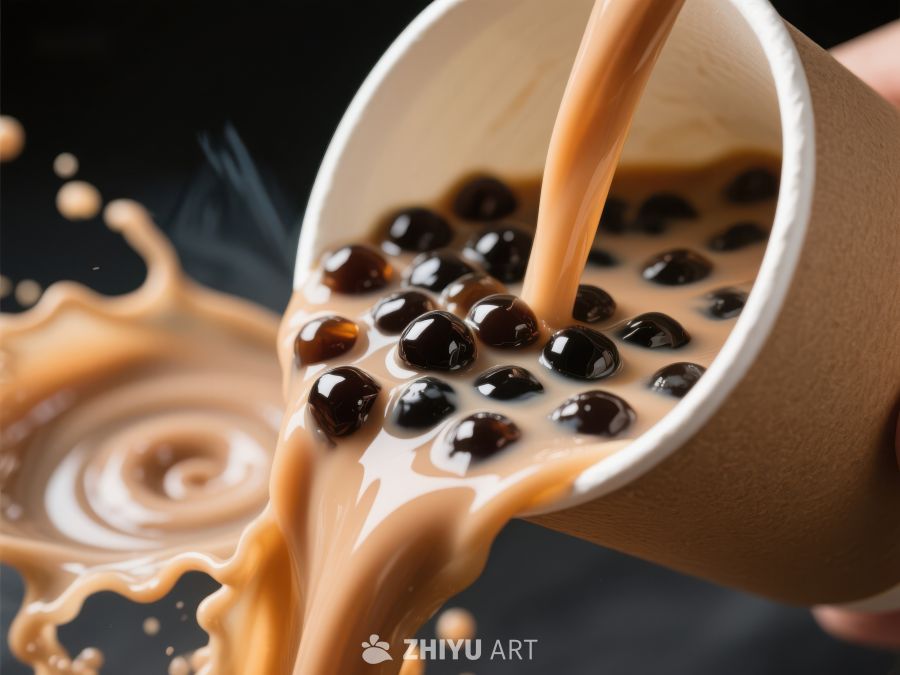 奶茶倒入杯中，珍珠清晰可见