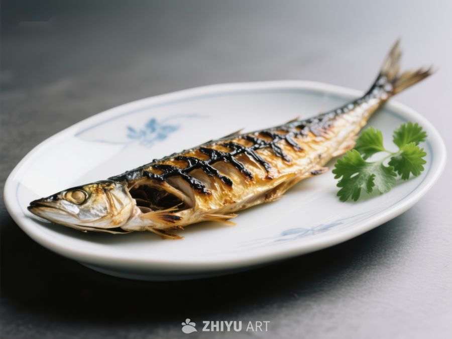 烤鲭鱼配香菜，置于白瓷盘中