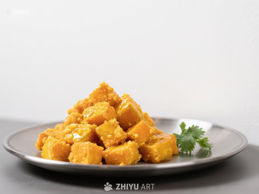 金黄色豆腐菜肴，点缀香菜 353
