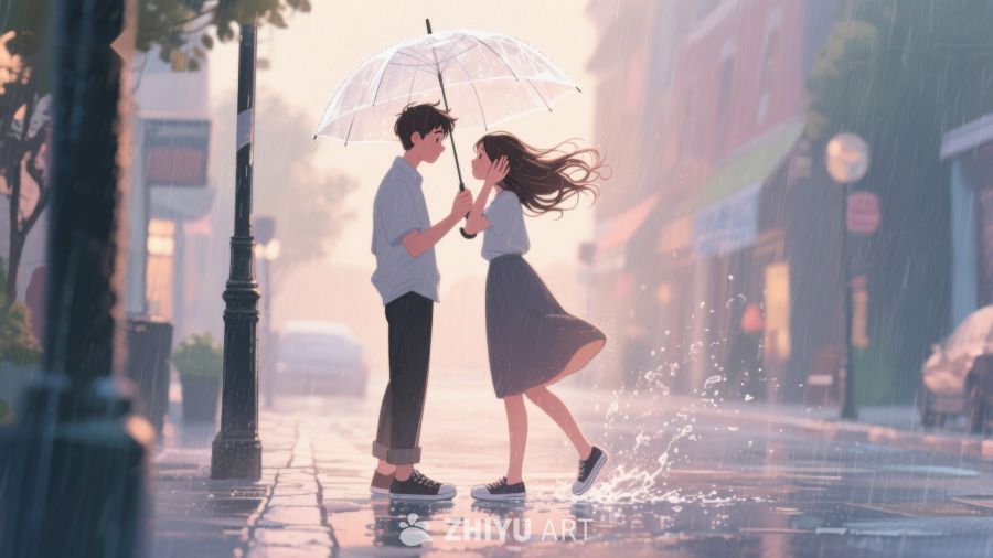 雨中情侣共伞漫步 665
