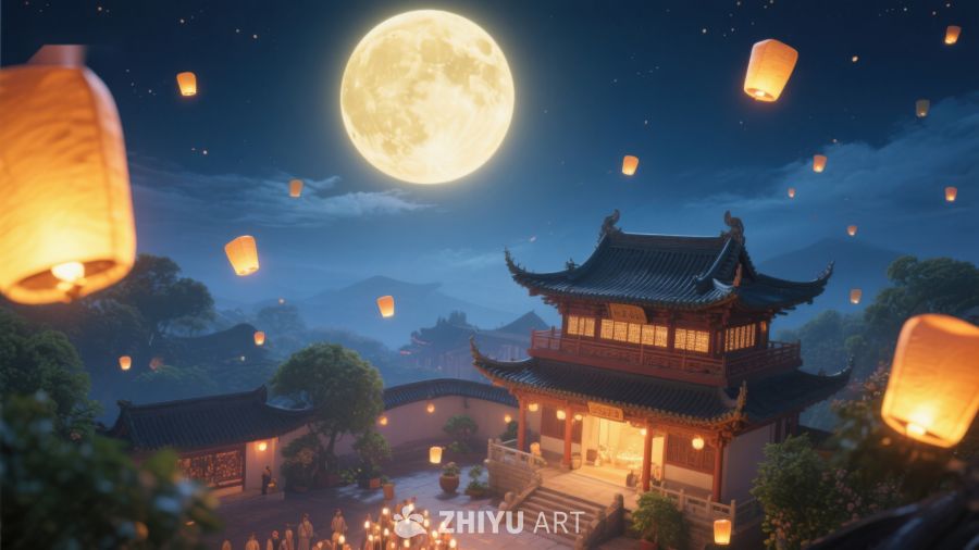 月夜古寺，灯笼飘浮 933