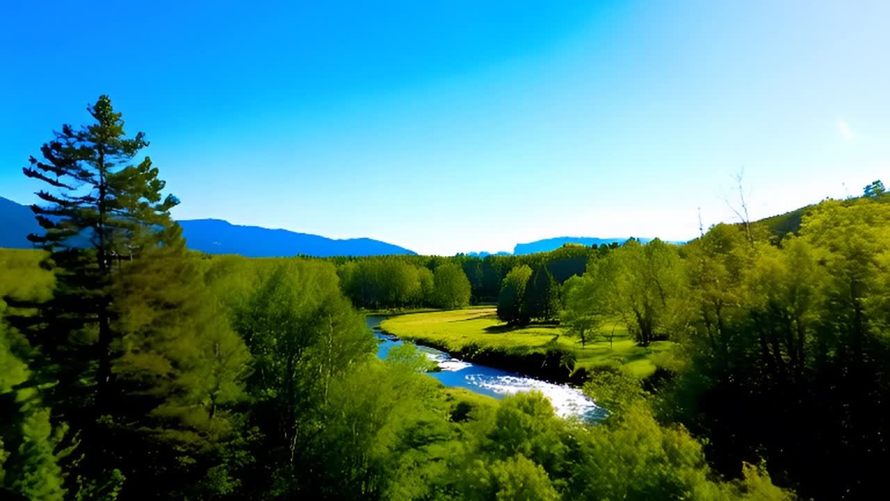 蓝色的天空下，一片广阔的绿色景观，有茂盛的树木和蜿