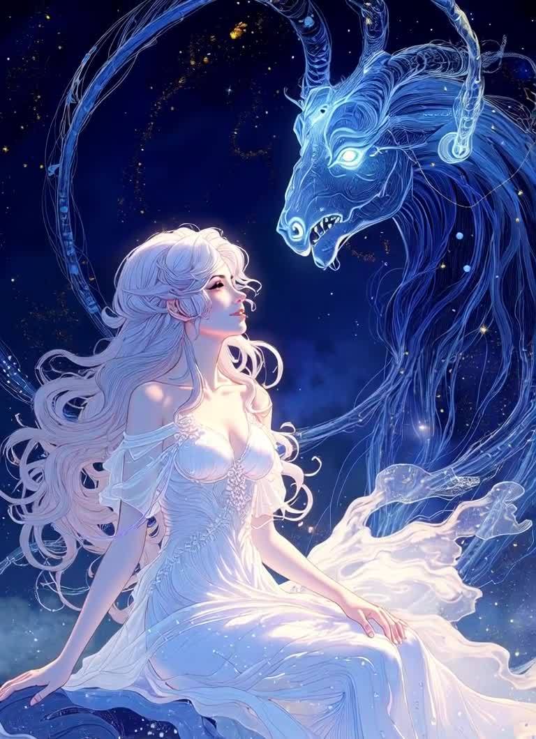 身穿白色长裙的女子面向一头蓝色的山羊。山羊由蓝色的