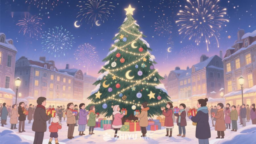 圣诞树前的欢庆夜景 188