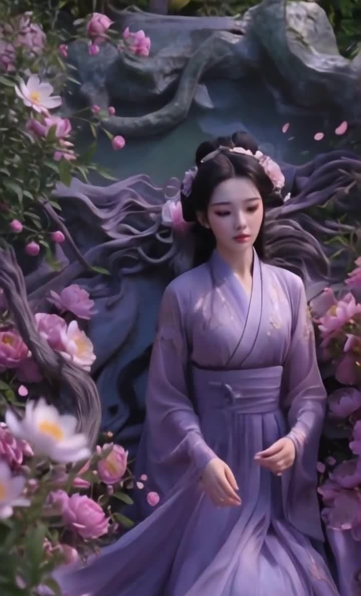 身穿紫衣的古风女子，躺在花丛中优雅迷人。