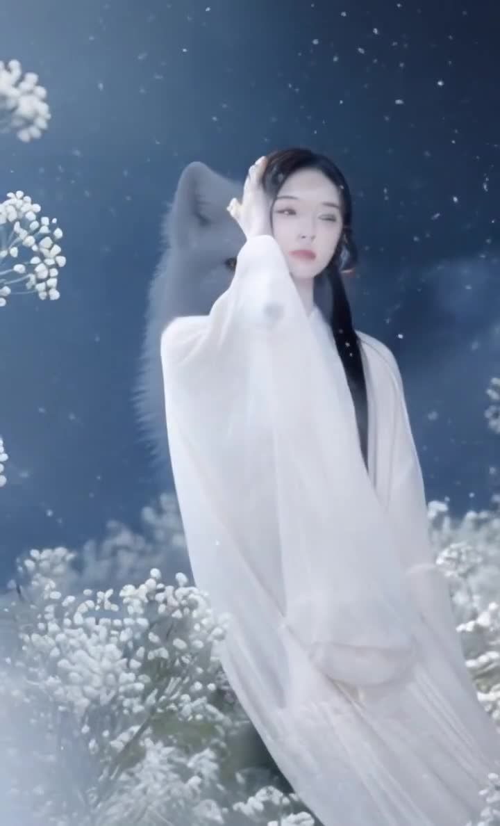 雪地里纯白狐狸，黄色眼眸与白色花簇。