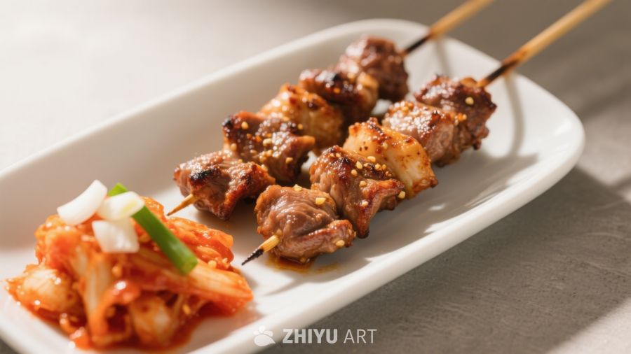 韩式烤肉串配泡菜