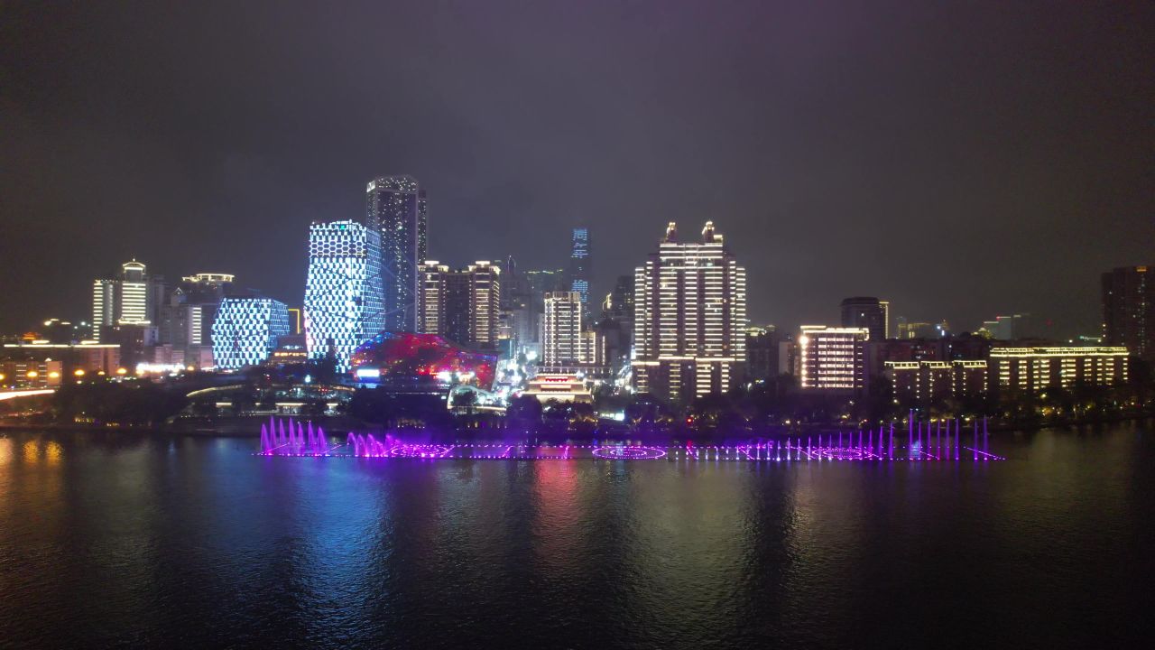  广西柳州音乐喷泉夜景航拍