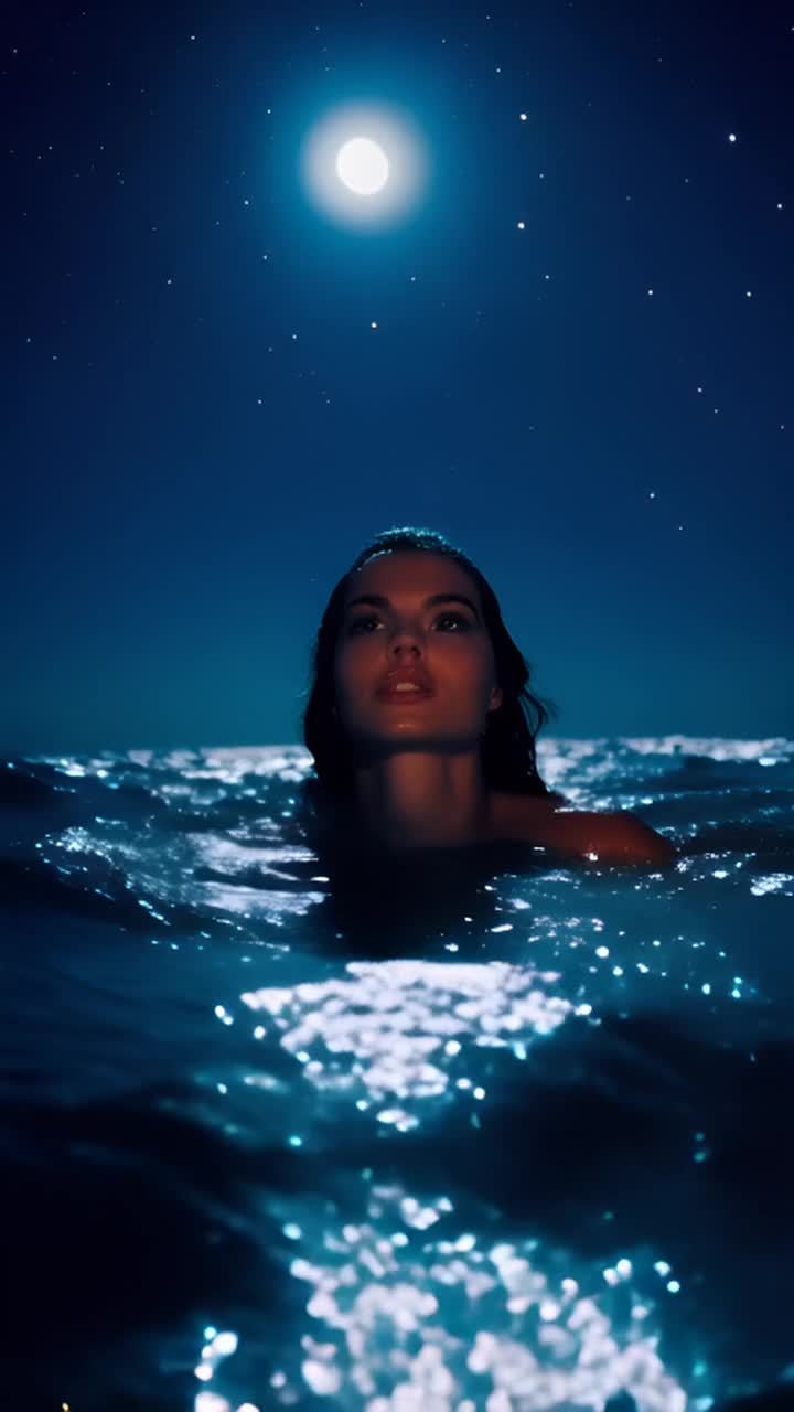 夜晚，月亮照亮了漆黑的天空。一位美丽的女子从海水中浮现出来，抬头仰望星空。她被月光映照得如同美人鱼一般，眼神充满了敬畏与惊奇。海水波光粼粼，宛如一条银色的道路通向天际。