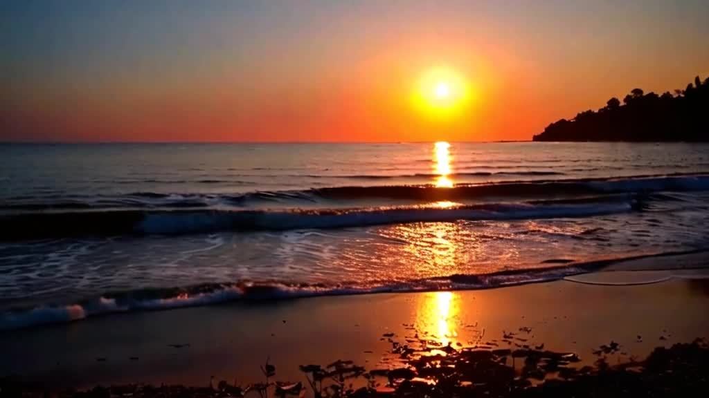 海滩上方的天空呈现出橙红色，太阳正在升起，其光线在
