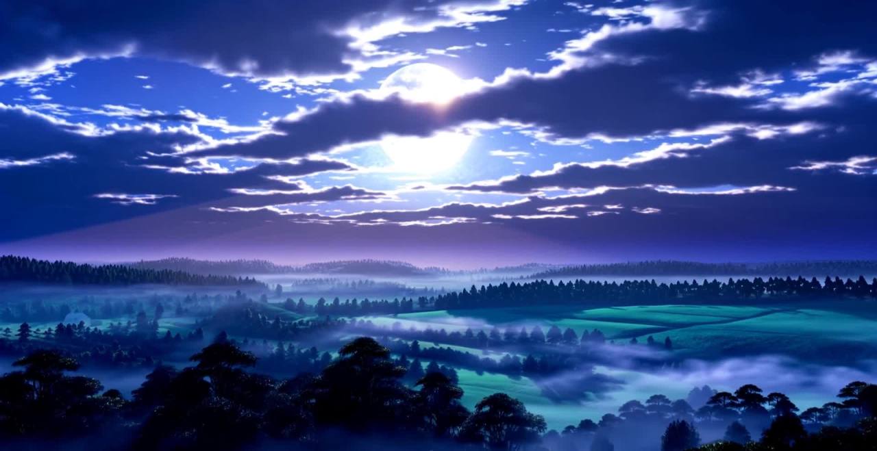 月夜下云层遮蔽的月亮，山峦森林动漫风格。