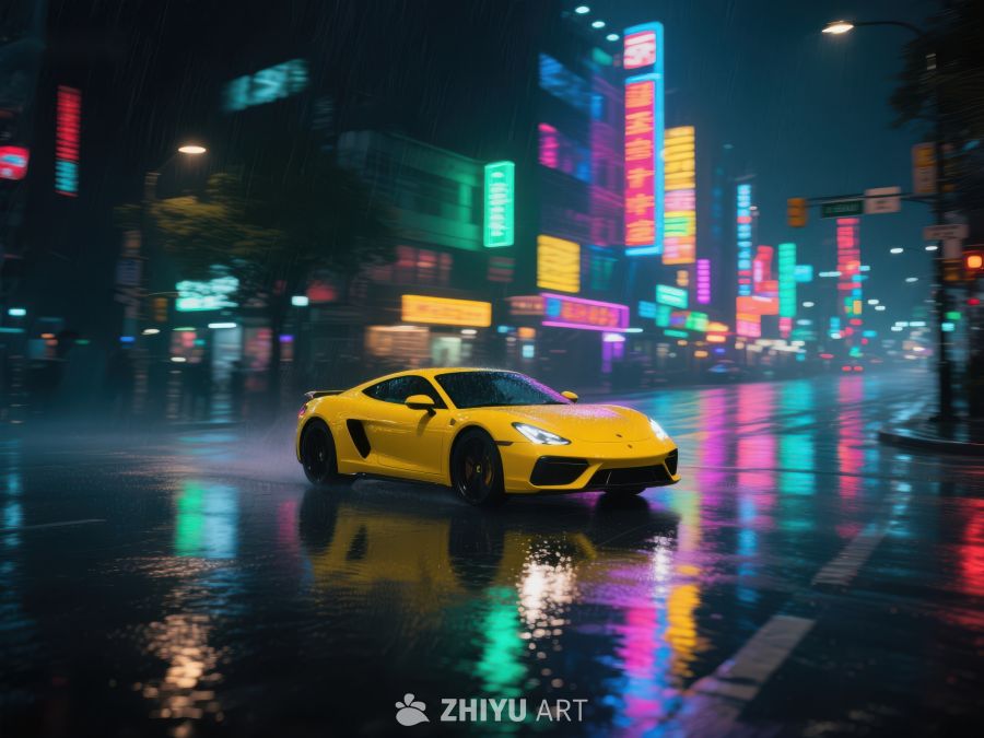 雨夜霓虹下的黄色跑车 548