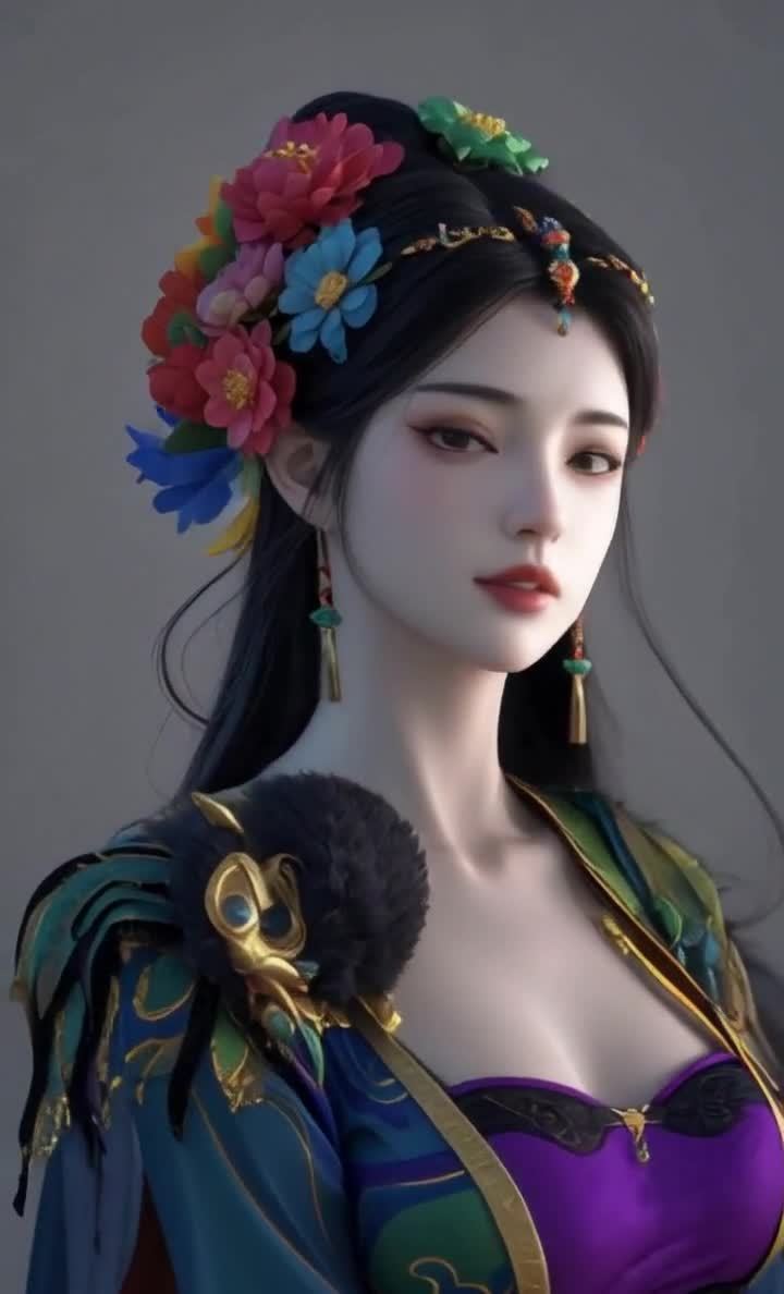 一位年轻女子，留着黑色的长发，头发上装饰着色彩鲜艳