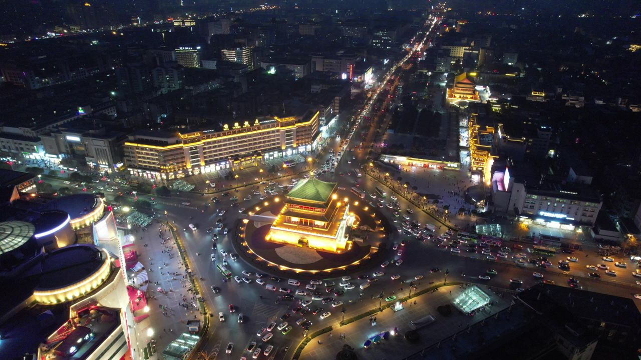陕西西安钟楼夜景航拍