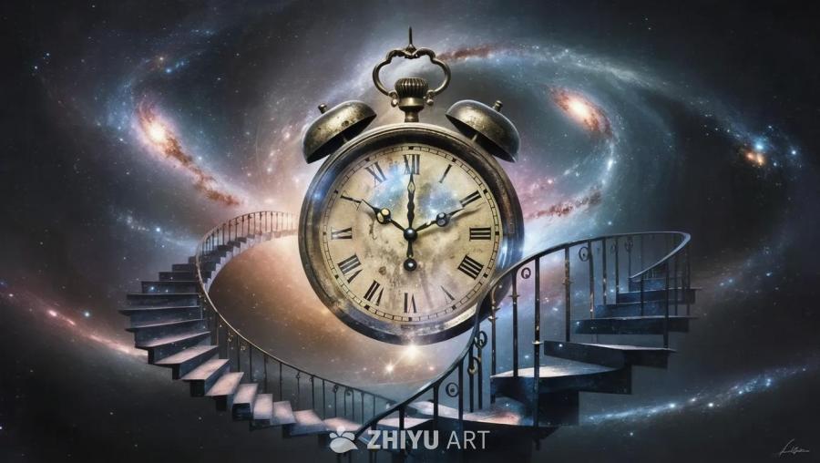 深邃的宇宙背景中，悬浮着一个老旧的钟表。钟表的指针