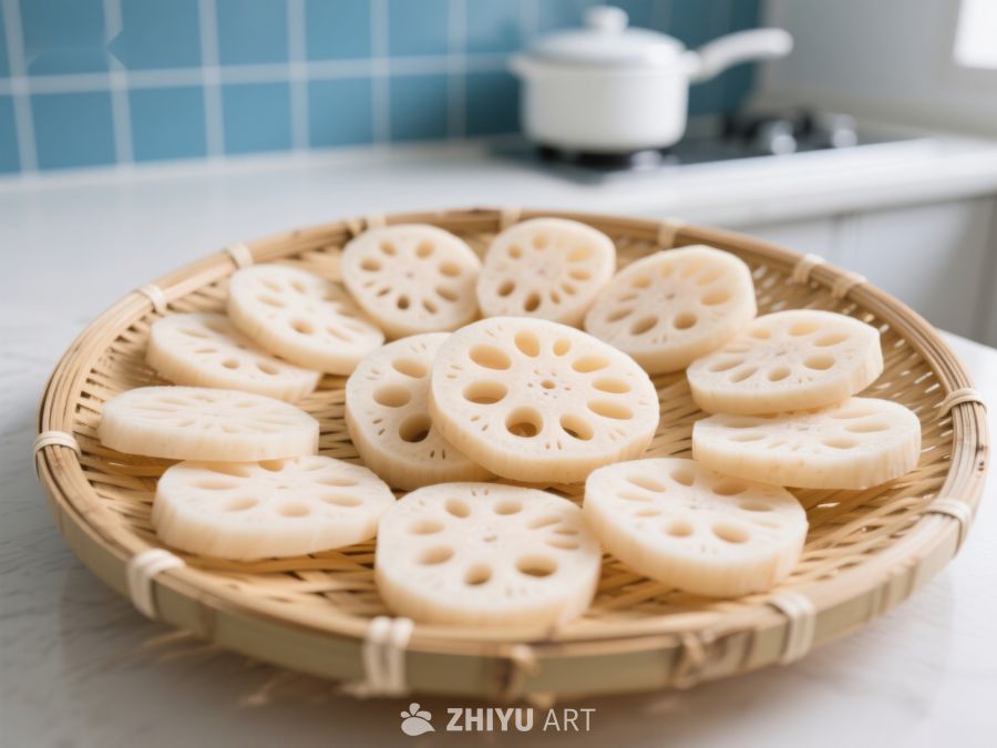 莲藕切片置于竹筛上 180