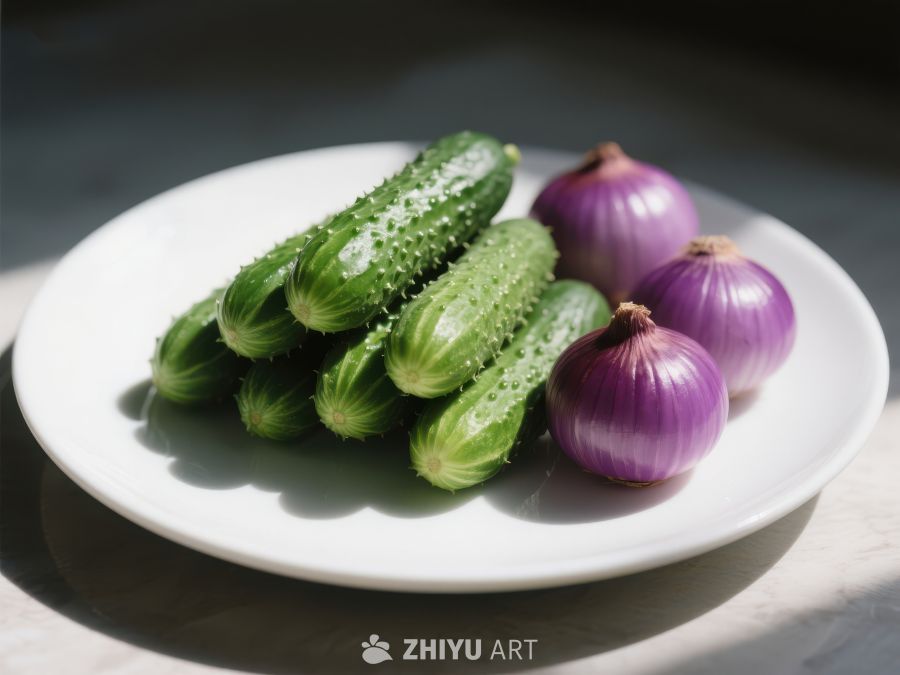 新鲜黄瓜与洋葱的静物组合 249