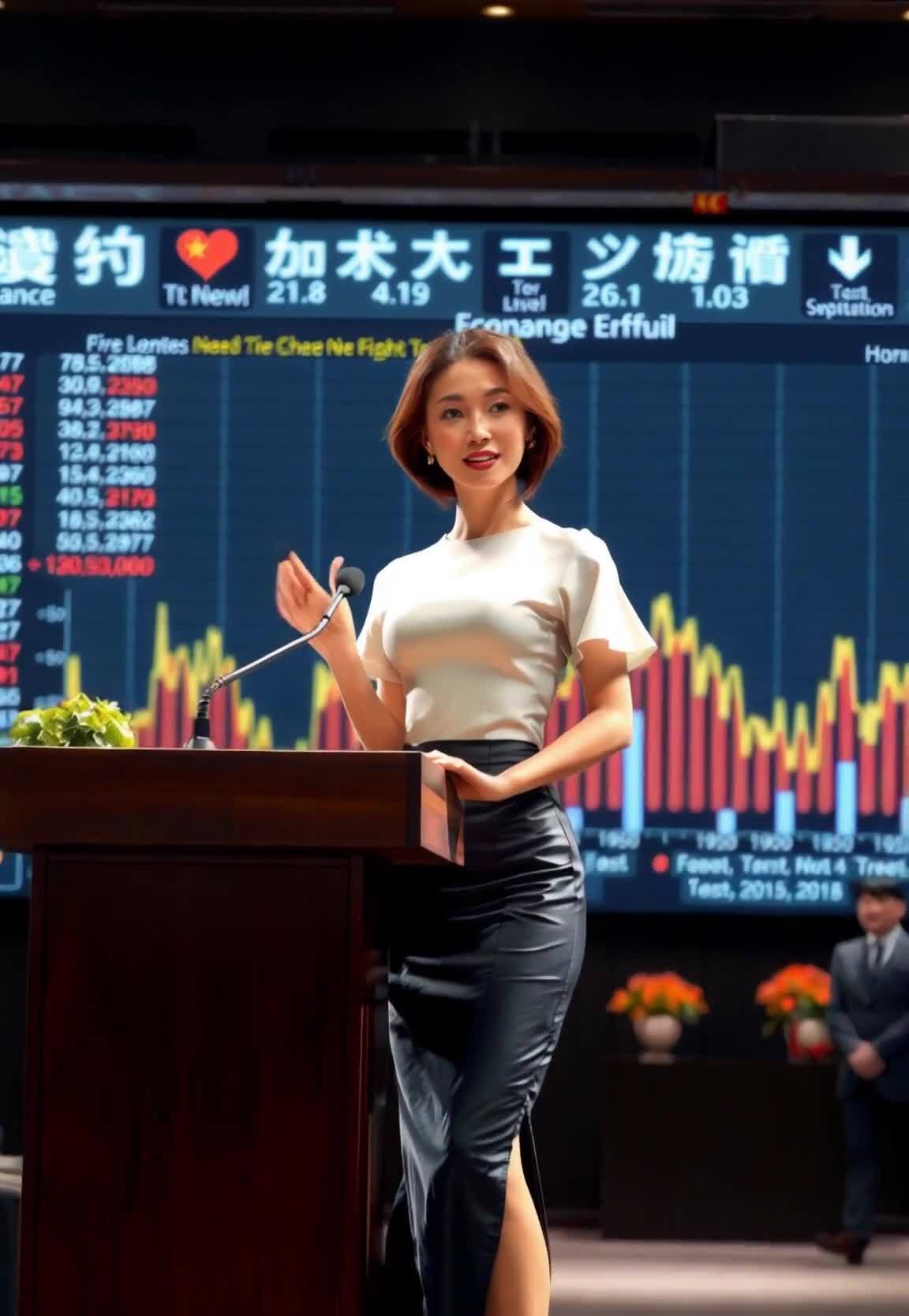 会场中，一位身穿白色上衣和黑色长裙的女性站在讲台前