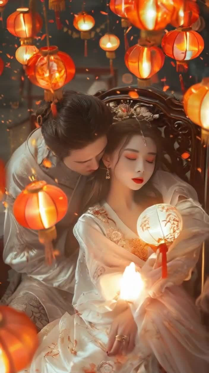 执灯笼的古装情侣，灯笼与浪漫意境的氛围。