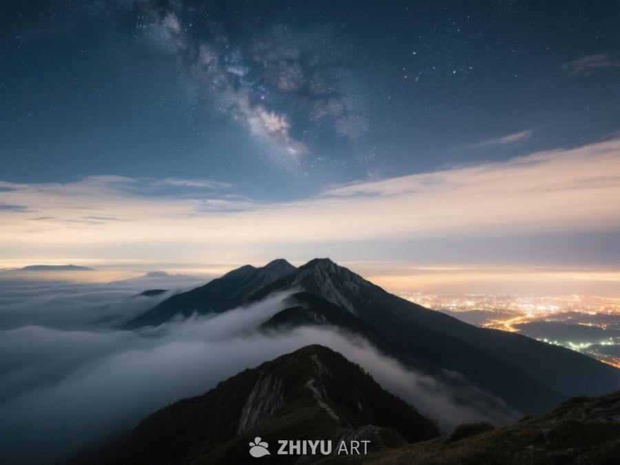 夜空银河下的山峰与云海 420