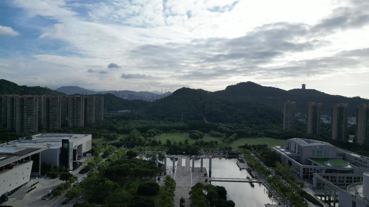 航拍台州市民广场水景公园