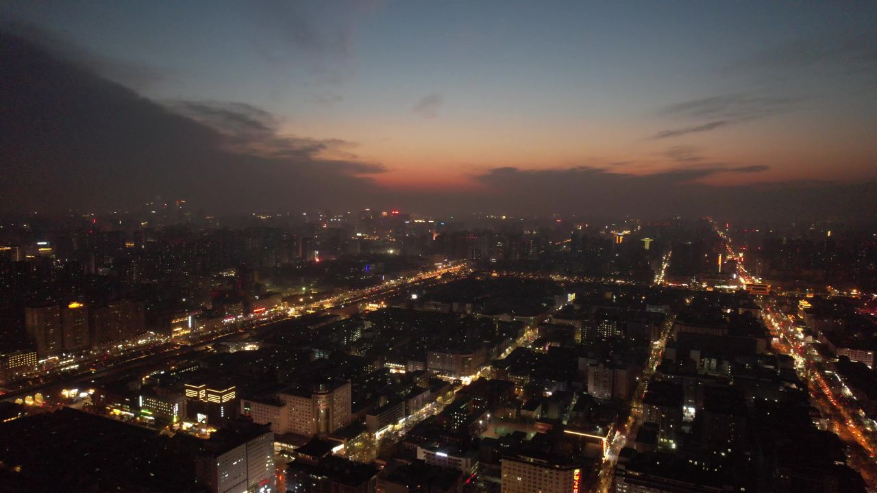 西安晚霞夜幕降临航拍
