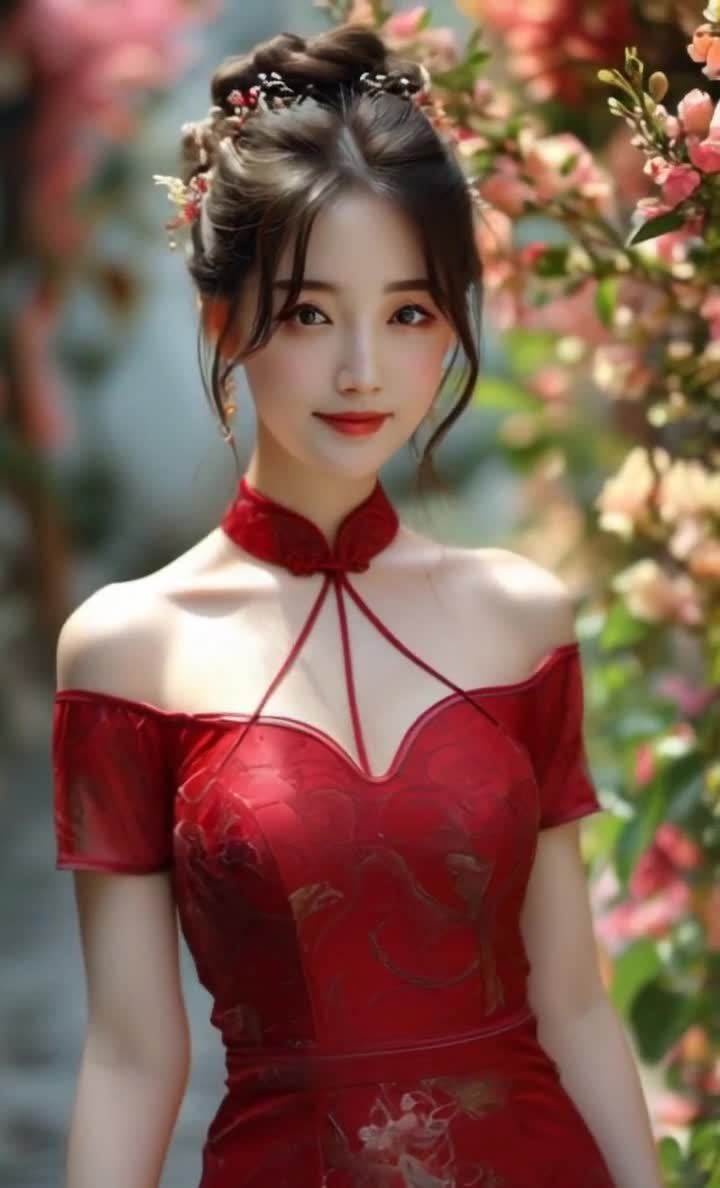 红衣女子花丛发髻耳环妆容娇艳动人
