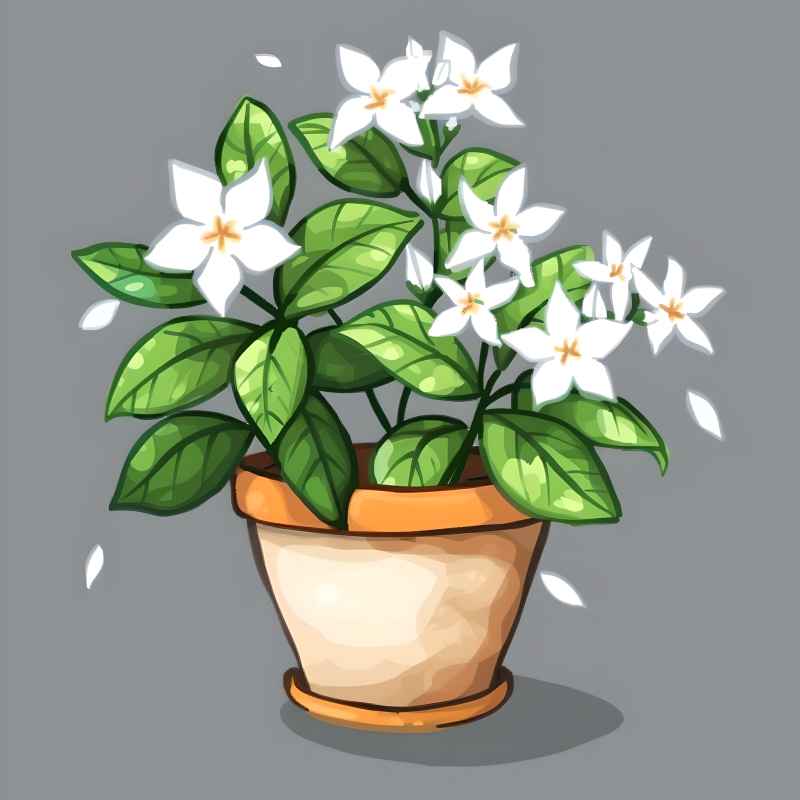 一个白色的小花盆，茉莉花，可爱的卡通风格 3