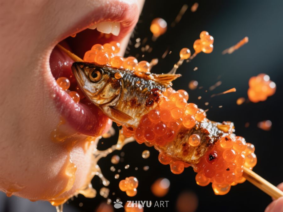 品尝鱼卵串，瞬间爆浆的美味