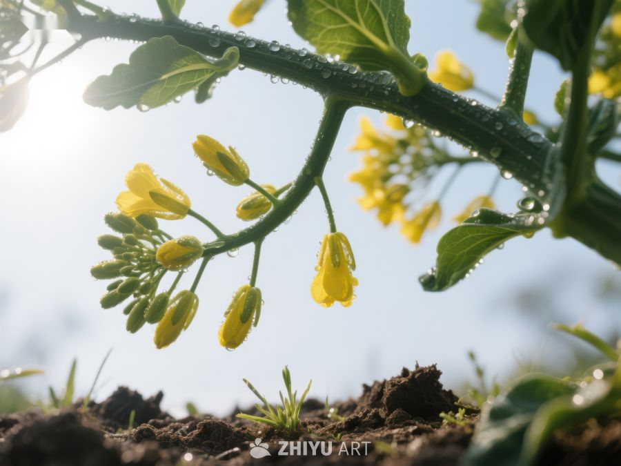油菜花枝上的露珠与阳光 588