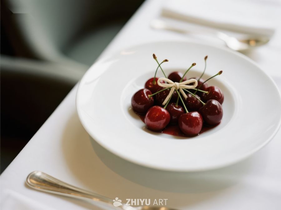 精致樱桃甜点，白色盘中呈现 297
