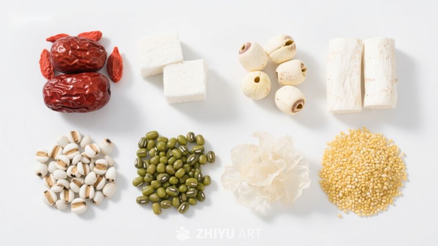 多种传统食材整齐排列
