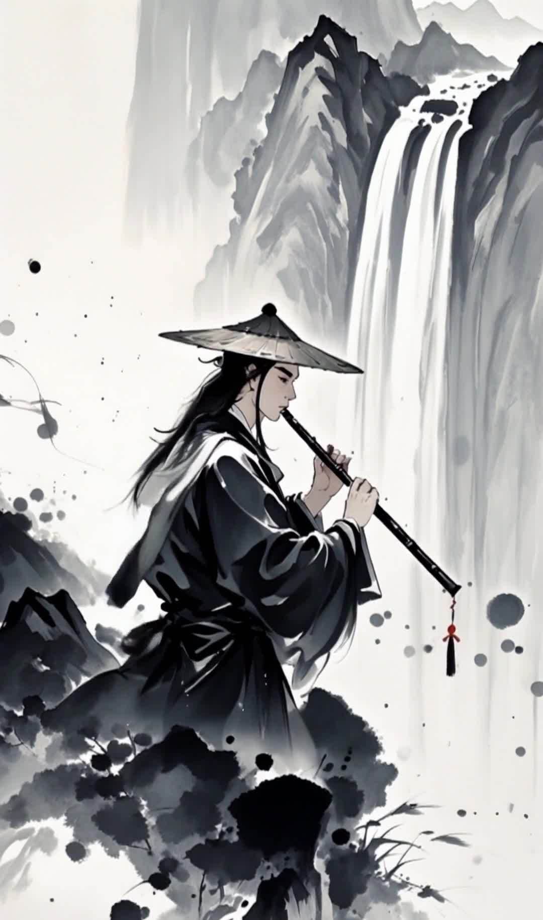 水墨风山水下，吹笛之人与飞瀑共鸣。