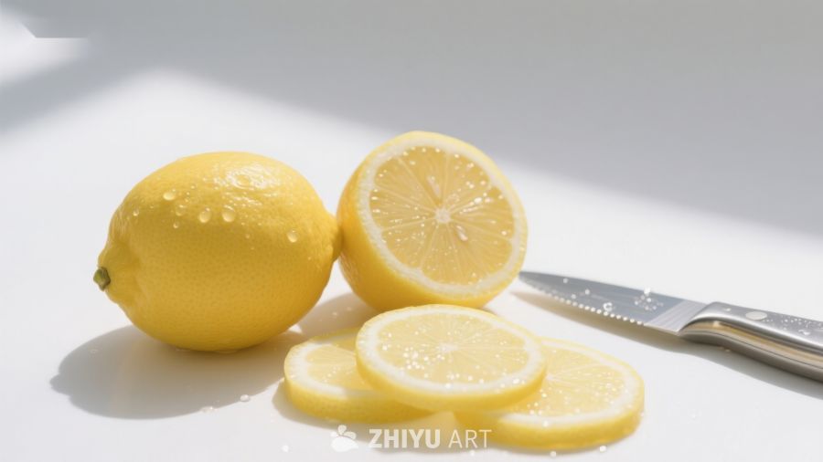 新鲜柠檬切片与刀具