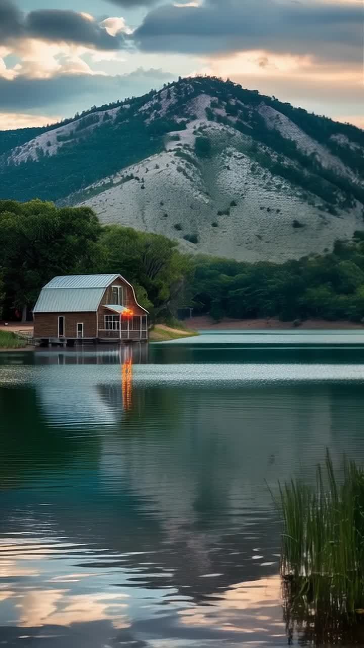 一栋木制房屋位于湖边，房屋的窗户亮着光。湖水平静，