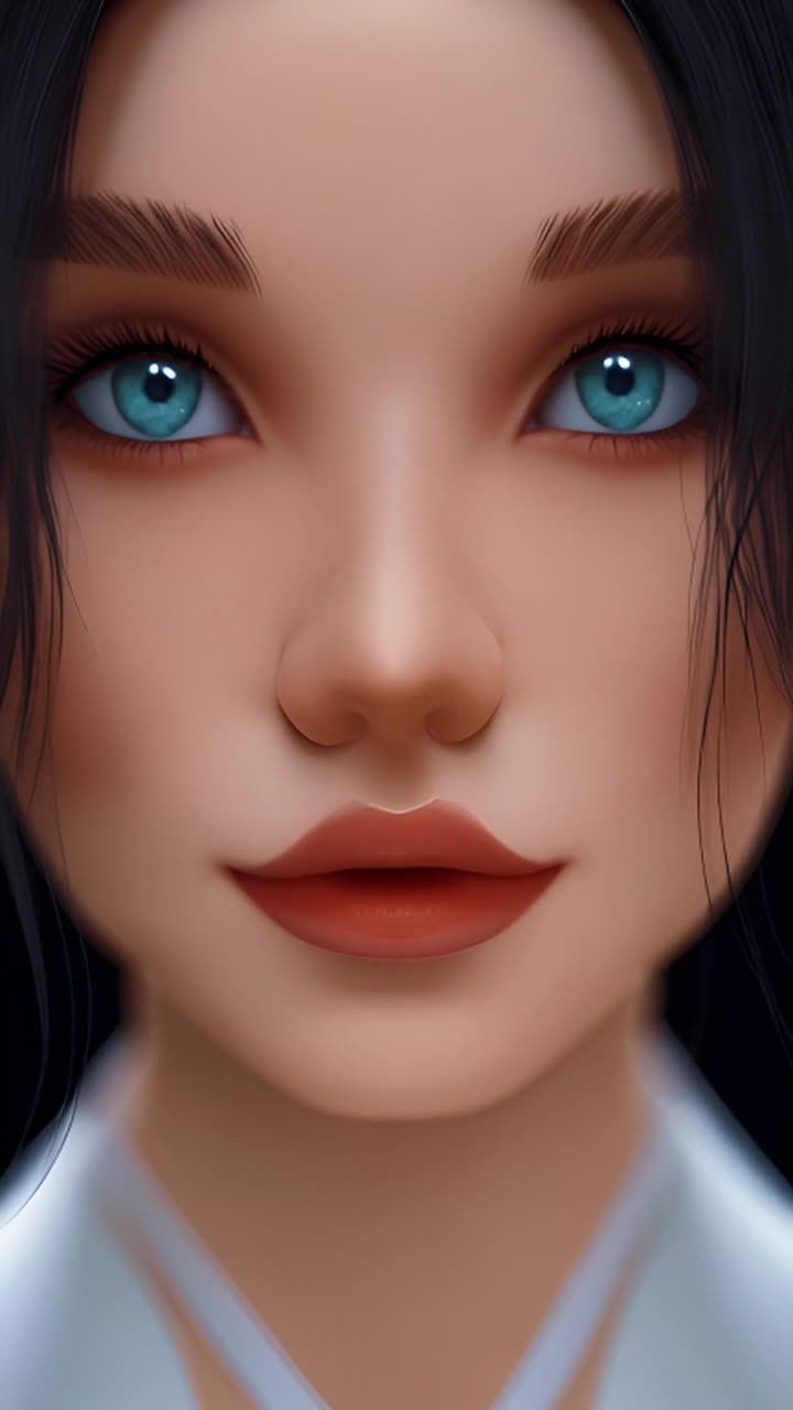 画面中有一位AI女性，她有尖而细的鼻子和丰厚的嘴唇