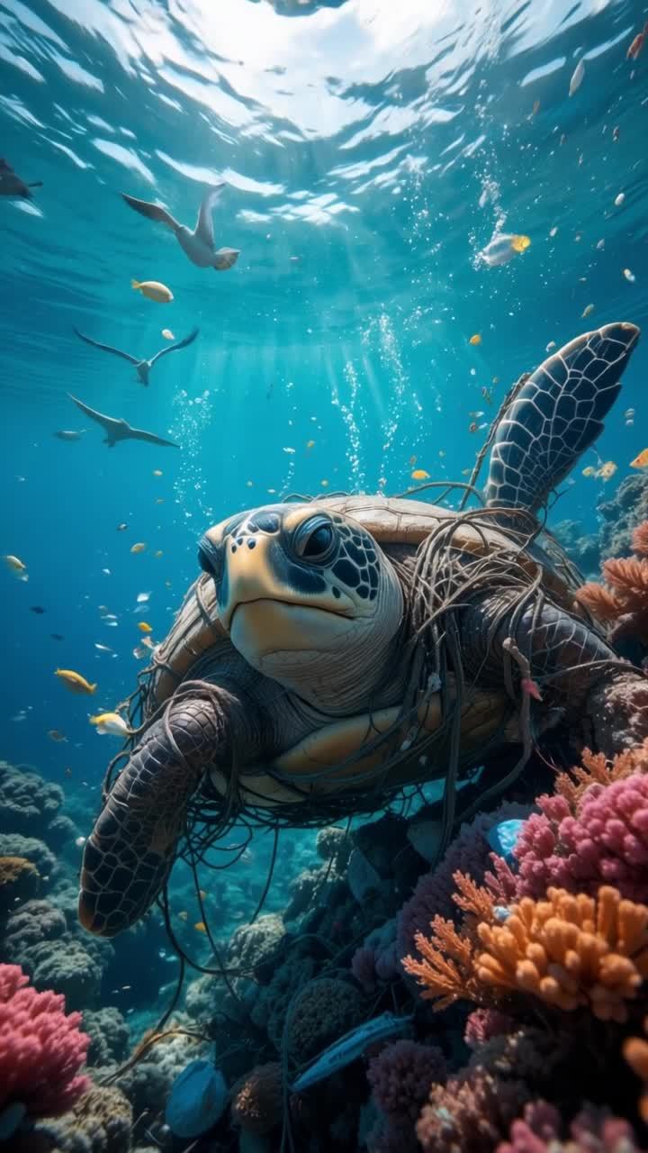 一只海龟在水下，身上缠绕着绳子或网状物，周围有珊瑚