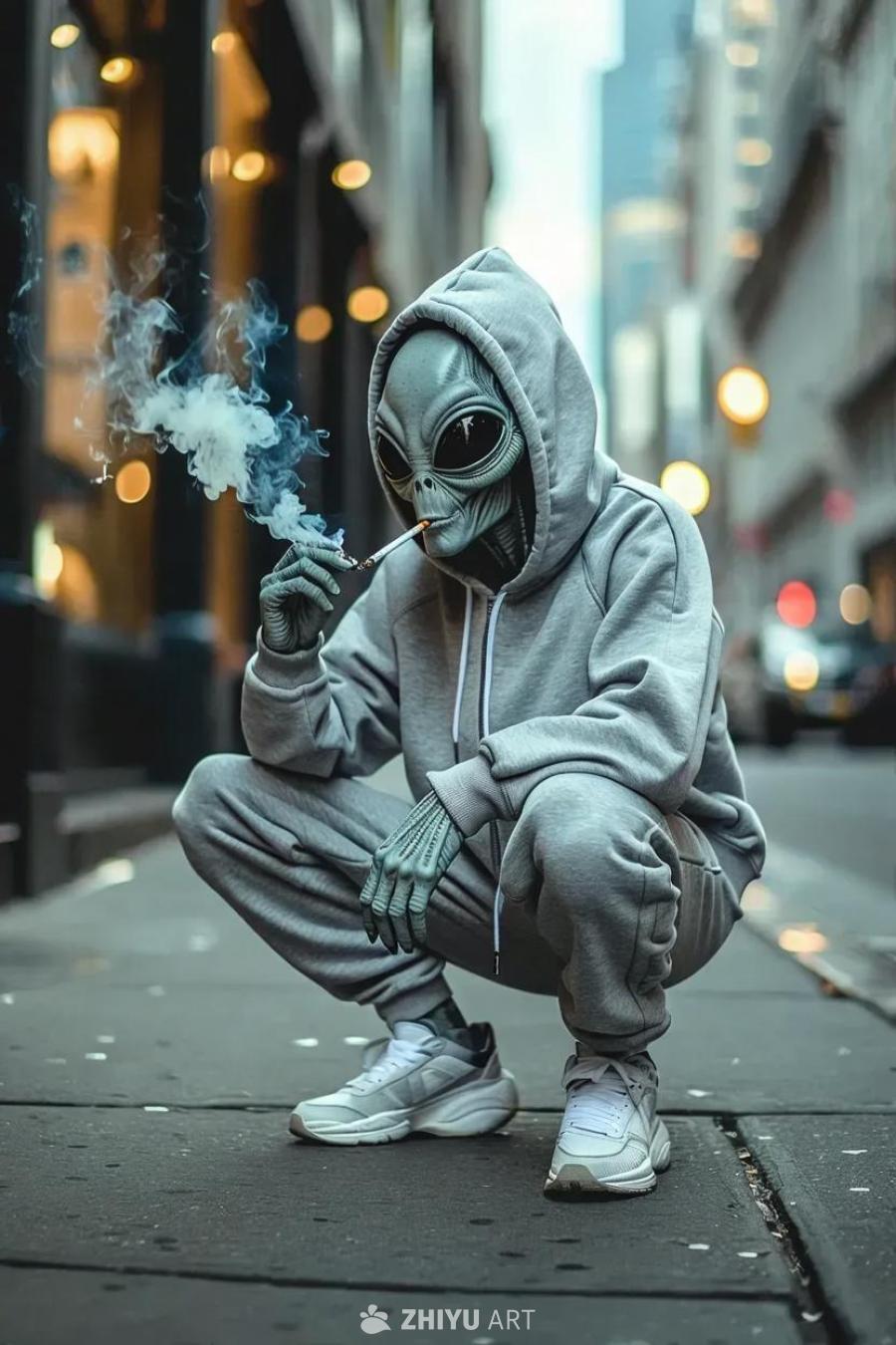 一个穿着运动服的灰色外星人蹲在人行道上，抽着烟。灰