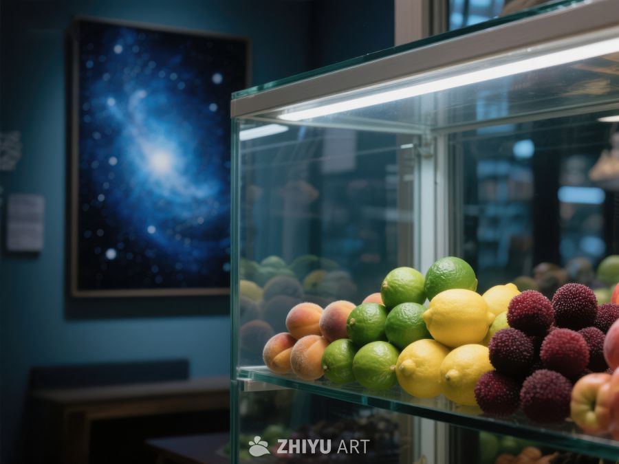 水果展示柜与星空画作的室内场景 554