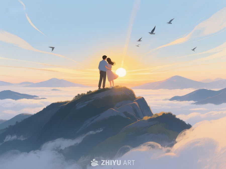 山顶情侣拥抱，夕阳映照云海 622