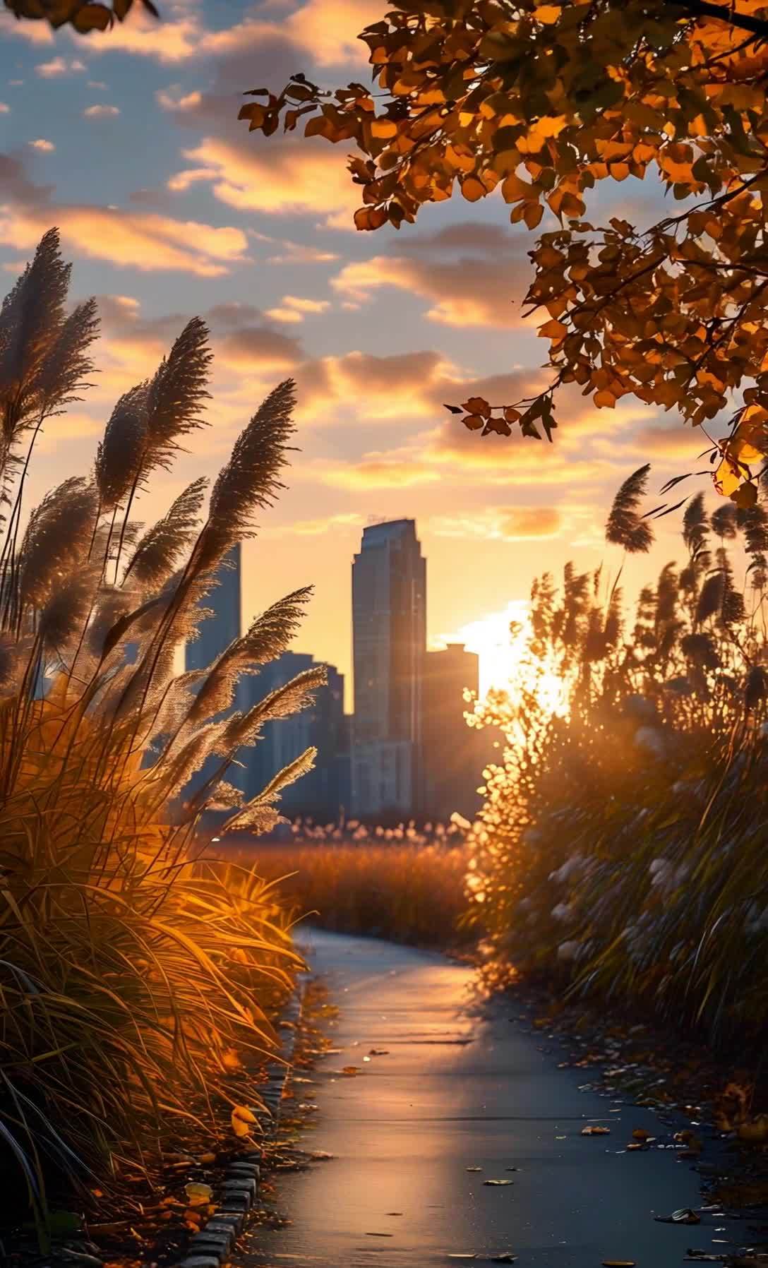 夕阳下的小路通往城市，芦苇与金黄秋色交织