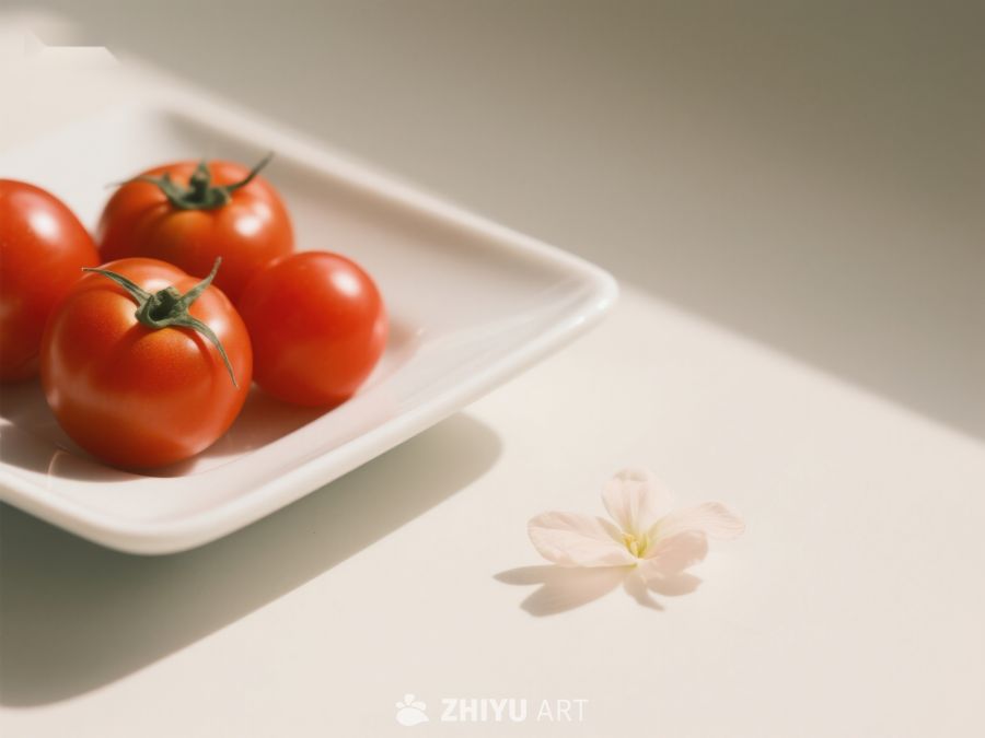 盘中鲜红番茄与花瓣的静谧组合 288