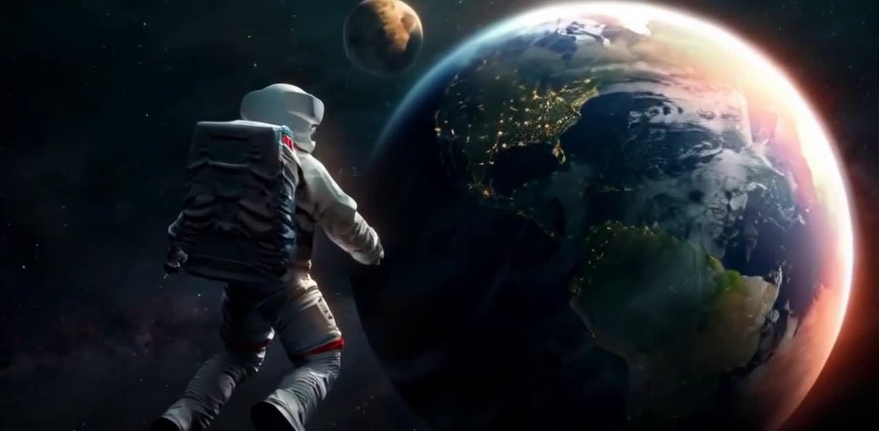 宇航员漂浮太空，地球和行星背景，城市灯光闪耀