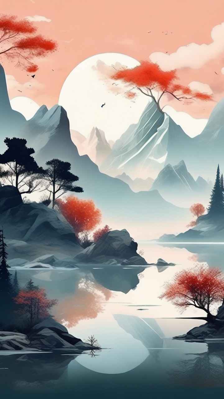 国风水彩画山水风景插画 61