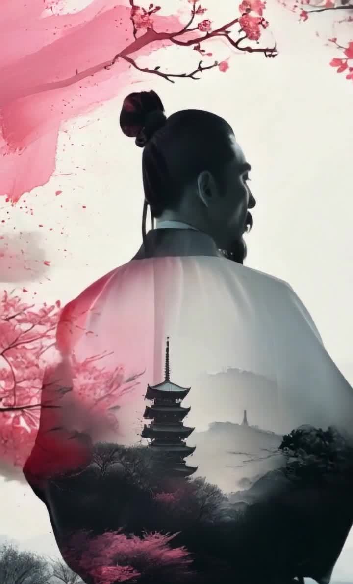 古装男子背景叠塔山水，水墨梅花意境图