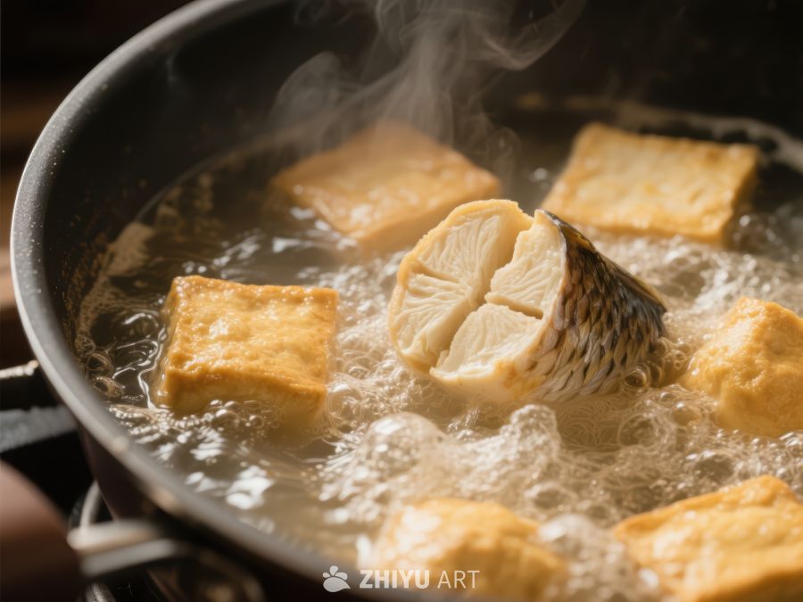 热锅中煮制豆腐与鱼头 474